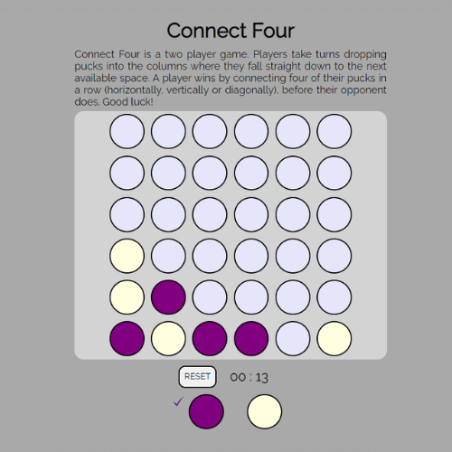 a game with purple and yellow circles to be dropped down six columns in an attempt to connect four of the same color circles in a row