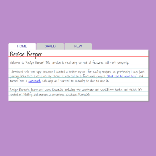 a lavender background with a note card that reads `recipe keeper` that was designed for keeping recipes in one easy to manage place