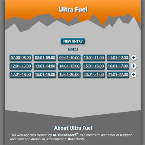 Two tone grey mountains are in front of an orange gradient background. Below that, on a light grey background, are blue buttons with white text. The first reads `new entry`, then `notes` can be clicked. Following that are fifteen buttons for the hours from 0700 to 2100, each can be clicked to individually show the water, food and nutrients consumed.
